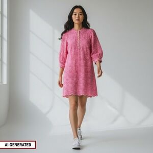 Pomander Place Dress Womens L Pink Floral Eyelet Cotton Gold Button Samantha New